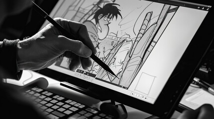 Digital Artist Creating Comic on Drawing Tablet with Stylus in Black and White