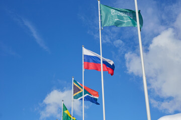 Naklejka premium international flags in the blue sky on day