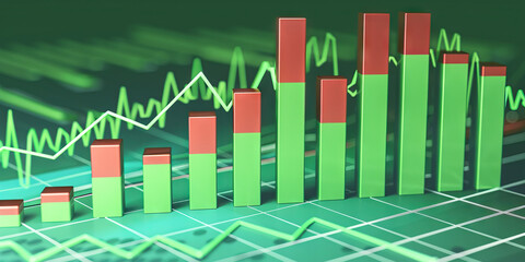 Annual Profit Trends: A vibrant bar graph in shades of green and red depicting the rise and fall of profits over time, showcasing business growth.
