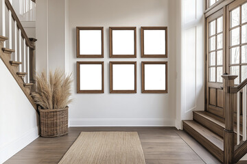 Frame mockup, 8x10 photo frames. Hall wall poster mockup. Interior mockup entry way room. Modern interior design. 6 Blank Wall Photo frames. 