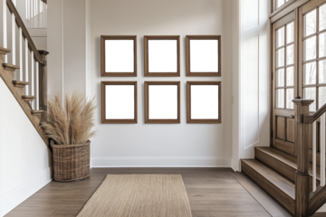 Frame mockup, 8x10 photo frames. Hall wall poster mockup. Interior mockup entry way room. Modern interior design. 6 Blank Wall Photo frames. 
