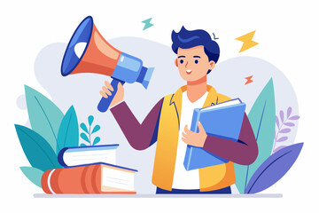 Storytelling communicate brand story or idea to listener, narrative message, content or article writing or advertising creativity concept, young man on opening book telling story on megaphone.

