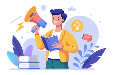Storytelling communicate brand story or idea to listener, narrative message, content or article writing or advertising creativity concept, young man on opening book telling story on megaphone.
