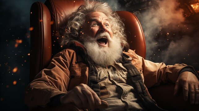 Expressive alternative Santa Claus sitting in armchair celebrating christmas