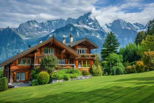 A large wooden house with a balcony overlooking a snowy mountain.