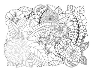  Floral picture in black and white for adult coloring books. Coloring page of monochrome flowers and leafs. Doodles pattern, Page for coloring book. Outline flowers. Doodles in black and white