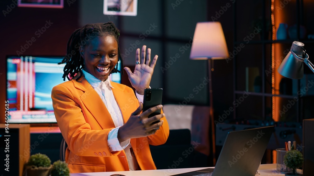 Poster african american student attending online career course in videocall, using smartphone to meet remot