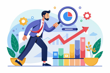 Benchmark performance or KPI key performance indicator, metrics or measurement to measure success, result evaluation, analysis or comparison concept, businessman magnify benchmark metric graph scale.
