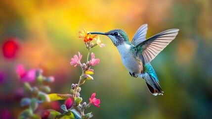 Fototapeta premium Colorful hummingbird feeding on flowers perfect for dynamic and lively bird images