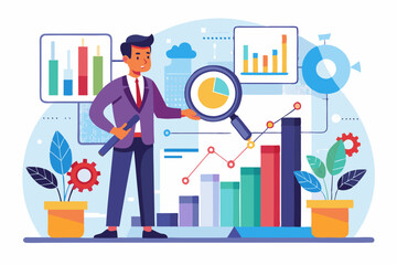 Benchmark performance or KPI key performance indicator, metrics or measurement to measure success, result evaluation, analysis or comparison concept, businessman magnify benchmark metric graph scale.
