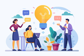 Effective communication, meeting discussion or conversation solution, speak or telling intelligence information, team opinion new idea concept, business people discuss with lightbulb speech bubble. S
