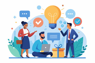 Effective communication, meeting discussion or conversation solution, speak or telling intelligence information, team opinion new idea concept, business people discuss with lightbulb speech bubble. S
