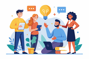 Effective communication, meeting discussion or conversation solution, speak or telling intelligence information, team opinion new idea concept, business people discuss with lightbulb speech bubble. S
