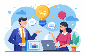 Effective communication, meeting discussion or conversation solution, speak or telling intelligence information, team opinion new idea concept, business people discuss with lightbulb speech bubble. S
