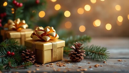 Christmas and New Year: Gift Boxes with Pine Cones and Bokeh Garlands