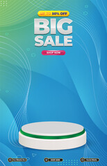 big sale discount portait template banner with blank space 3d podium for social media post product sale with abstract gradient blue background design65