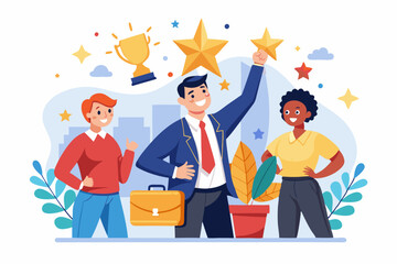 Employee engagement, commitment or motivation to success with company, staff dedication or job satisfaction, productivity or employee recognition, business people employee with stars and happy reward.