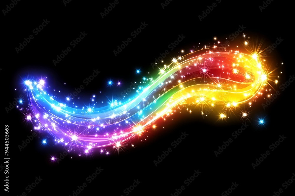 Poster a dynamic swirl of rainbow colors glimmers with sparkling effects on a deep black background, creati