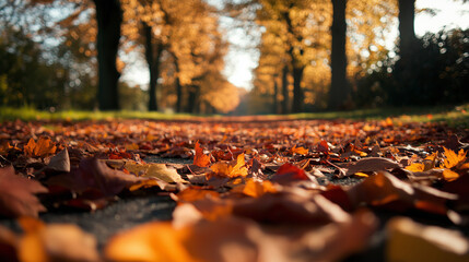 Serene autumn scene in city park with colorful leaves and sunlight filtering through trees, ideal for a leisurely stroll