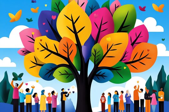 Charity events that foster community unity, illustrated with colorful depictions of people gathering for a common cause
