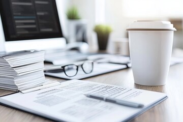 A workspace features stacked documents, a laptop, and a coffee cup, creating a productive atmosphere in the afternoon light. Generative AI