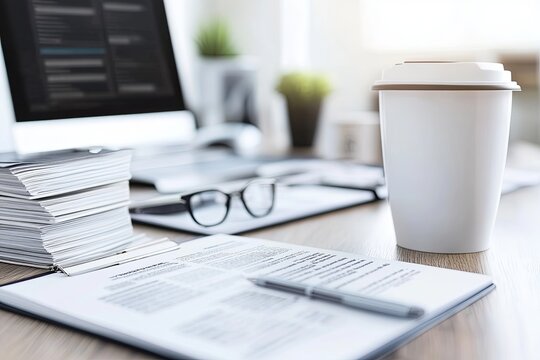 A workspace features stacked documents, a laptop, and a coffee cup, creating a productive atmosphere in the afternoon light. Generative AI