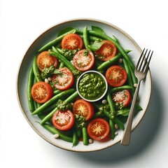 A vibrant and healthy salad featuring fresh green beans, juicy tomatoes, and a flavorful pesto dressing. This vegan and gluten-free dish is perfect for lunch or dinner, packed with nutrients and taste