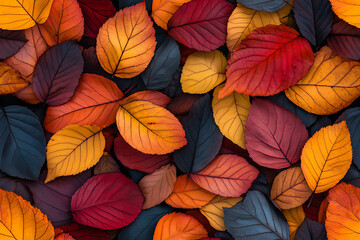 Fototapeta premium A collection of colorful autumn leaves in shades of red, orange, yellow, and dark blue, creating a vibrant seasonal pattern. 