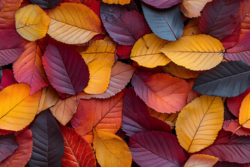 A collection of colorful autumn leaves in shades of red, orange, yellow, and dark blue, creating a vibrant seasonal pattern.
