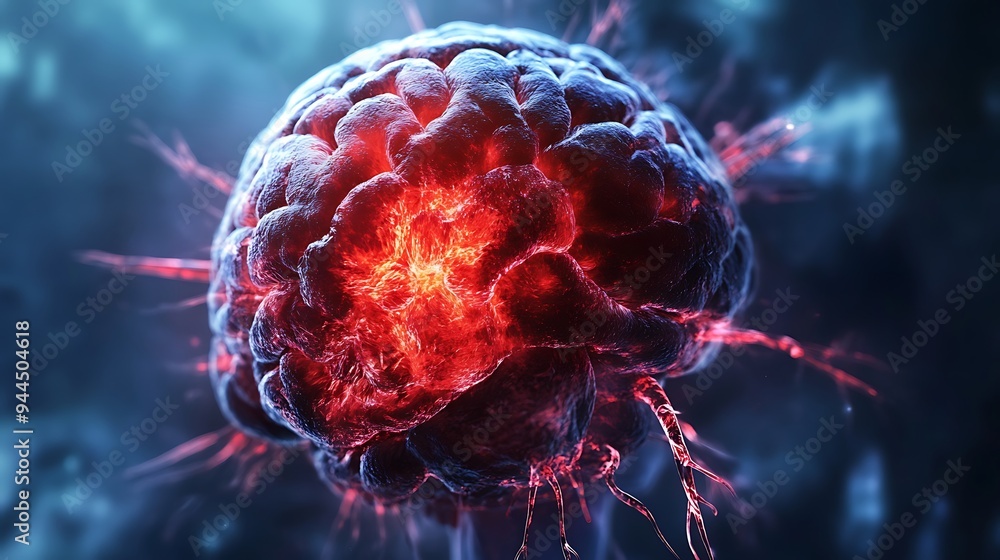 Poster a 3d rendering of a glowing brain with red and blue colors, showcasing the complexity of the human b