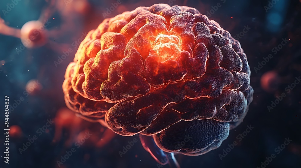 Poster 3d rendering of a human brain with a glowing tumor.