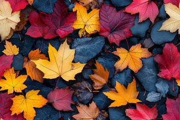 A collection of colorful autumn leaves in shades of red, orange, yellow, and dark blue, creating a vibrant seasonal pattern.
