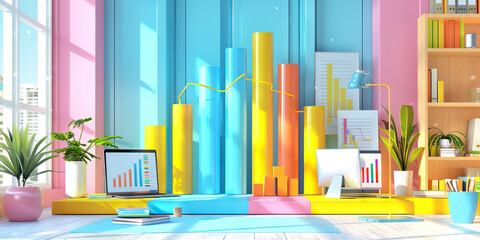 Bustling Bar Graphs: A vibrant display of sales figures, product lines, and market trends in a modern business setting.
