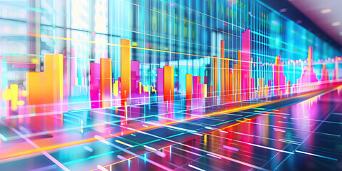 Bustling Bar Graphs: A vibrant display of sales figures, product lines, and market trends in a modern business setting.