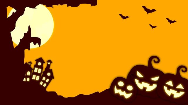 Happy Halloween animation, perfect for your party banner or invitation, background with orange fog clouds and pumpkins, houses, moon, bats. 4k footage