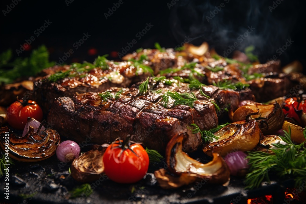 Wall mural Juicy roasted meat and mushrooms, appetizing look, hot seasoning vegetables.
