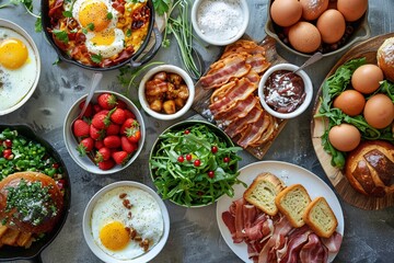 Brunch spread with a variet of dishes pastries. Village Breakfast with pastries, vegetables, greens, spreads, cheeses, fried eggs, jams.

