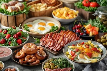 Brunch spread with a variet of dishes pastries. Village Breakfast with pastries, vegetables, greens, spreads, cheeses, fried eggs, jams.
