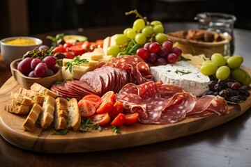 Antipasto platter with prosciutto crudo or jamon, ham, salami, cheese, olives and grapes. Elegant charcuterie board with a variety of cured meat.
