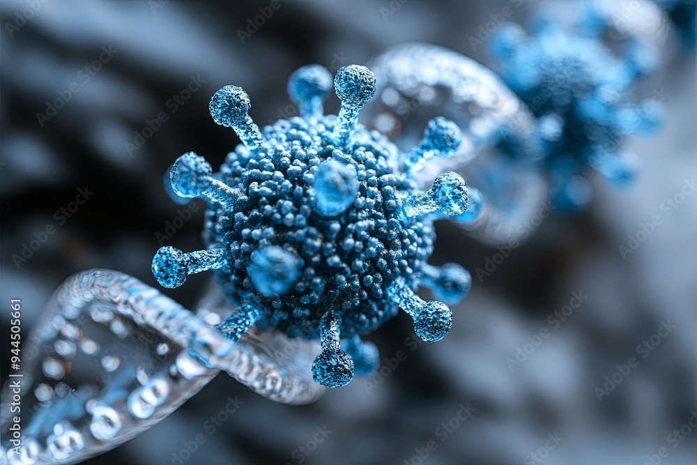Poster a virus particle in detailed focus, surrounded by dna strands, emphasizes molecular interactions in 