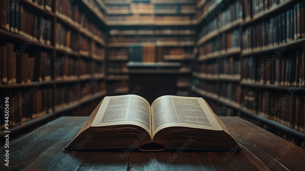 Poster open book on wooden table in a library with rows of bookshelves in background.