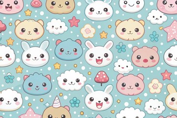 Fototapeta premium Cute and colorful pattern showcasing adorable animal faces and whimsical shapes against a soft blue backdrop, perfect for playful designs and children's illustrations. Generative AI