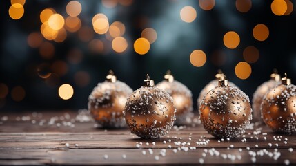 Fototapeta premium Festive Baubels with Snow and Bokeh. Premium Gold and Silver Christmas Background.