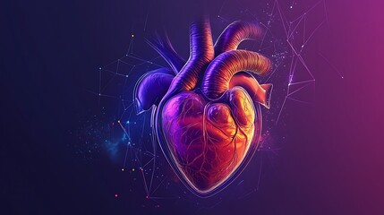 A digitally rendered human heart with neon highlights and connecting lines on a blue and purple background.