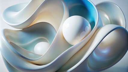 Curves of elegance and light intertwine in a soft, abstract composition featuring translucent forms and luminous spheres, creating a serene and captivating visual experience. Generative AI