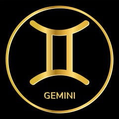 Gemini  zodiac sign icon. Golden glitter line icons isolated on black background. Tattoo, zodiac symbol. Astrological, zodiacal horoscope. Vector illustration.