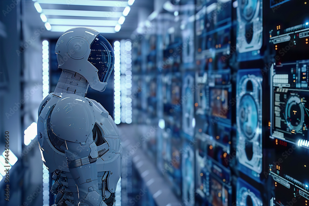 Poster a robot stands in front of a wall of computer monitors.