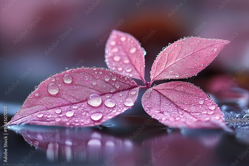 Aufkleber pink leaves with water droplets rest gently on a reflective surface, creating a serene atmosphere in