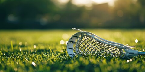 Photograph of a lacrosse stick on a lush grass field