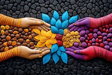 Diwali and the spirit of generosity, depicted in an artwork featuring hands exchanging gifts and sweets, symbolizing the joy of giving